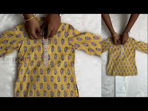 Latest Floral Printed And Designer Neck Yellow Cotton Kurta And Pyjama For Boys