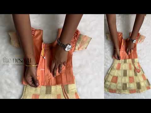 Geometrical Designer Pleated Skirt and Orange Jacquard Silk Blouse