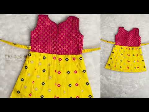 Yellow Pleated Semi-Silk with Red Designer Yoke Frock For Girls