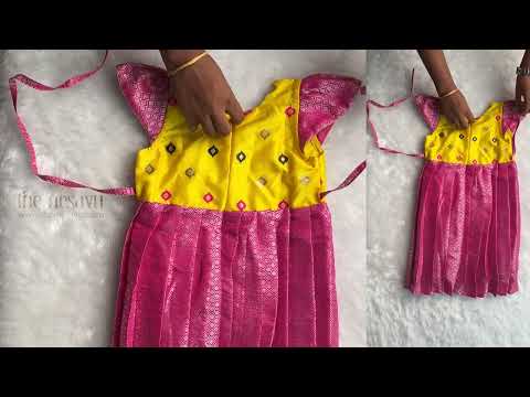 Latest Silver Zari Yellow With Pink Silk Frock For Baby Girls