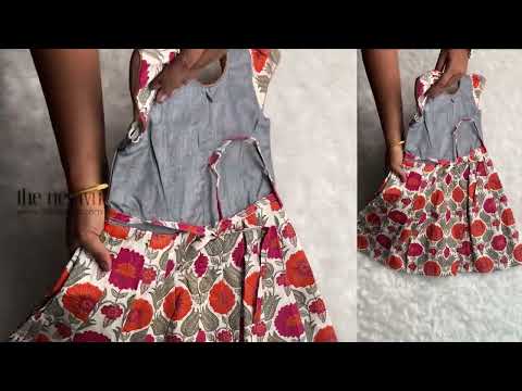Floral Printed Knife Pleated White Cotton Frock With Gray Yoke For Girls