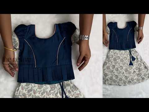 Floral Printed Pleated Beige Skirt with Box Pleated Navy Blue Jacquard Silk Blouse for Girls