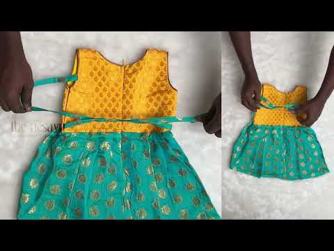Green semi silk with Pleated Yellow Designer Yoke Frock For Girls
