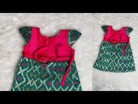 Traditional Ethnic Pink Yoke And Green Designer Pleated Semi-Silk Frock For Girls
