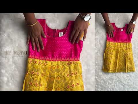 Zari with Floral Designer Knife Pleated Yellow Silk Frock with Designer Pink Yoke for Girls