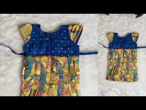 Royal Blue Peacock Printed Banarasi Silk Cotton Frock For Baby Girls