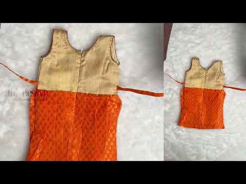 Elegant Orange Pleated Semi-Silk with Beige Pleated Yoke Frock For Girls