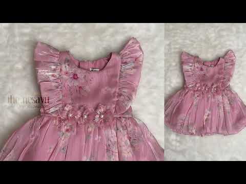 Pretty Onion Pink Floral Printed Ruffled Sleeve Organza Frock For Baby Girls