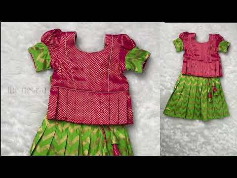Traditional Pink Brocade Designer Silk Blouse with Green Silk Skirt for Girls