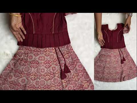 Kalamkari Printed Beige Skirt with Brown Jacquard Silk Blouse for Girls