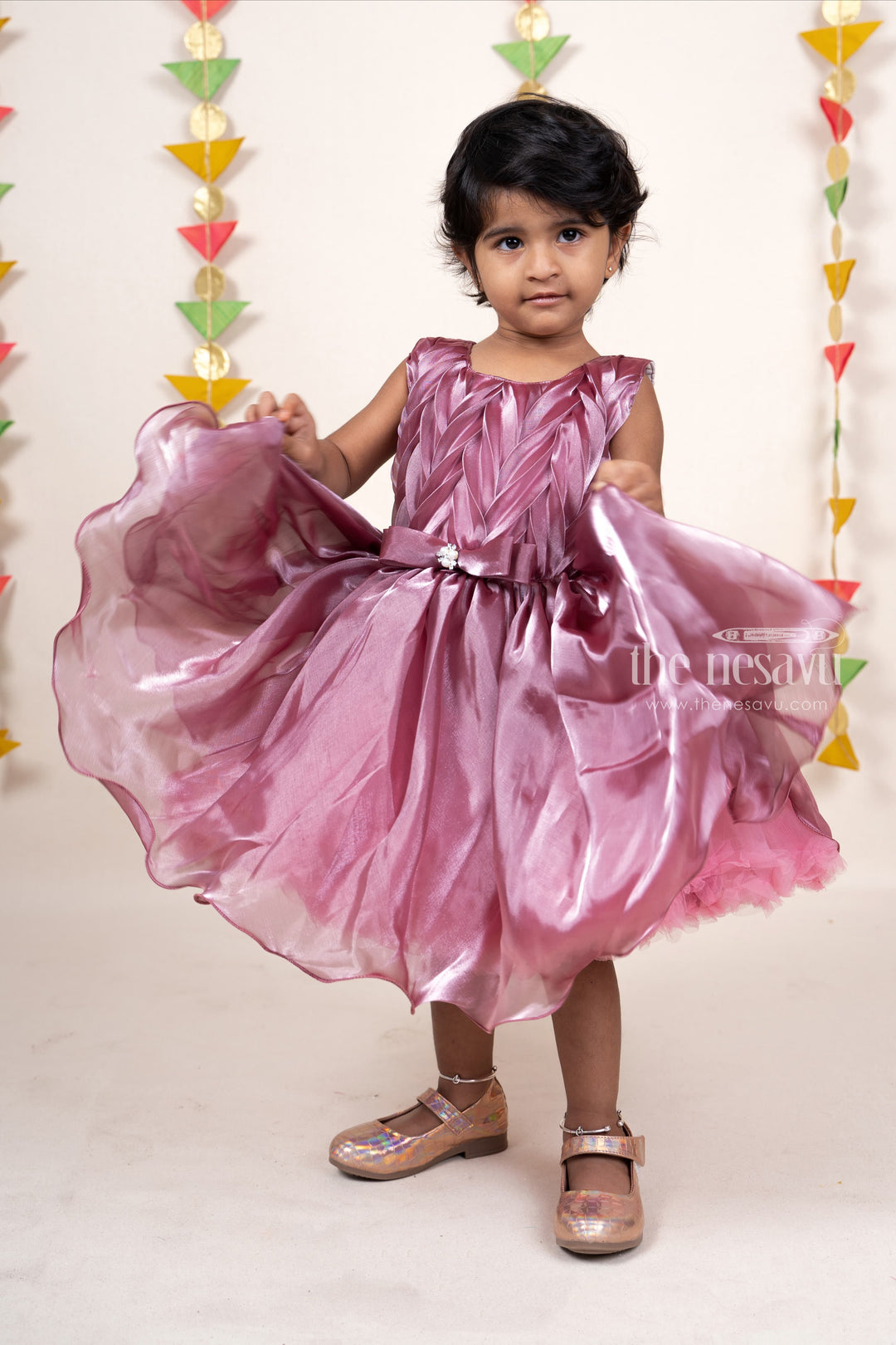 The Nesavu Party Frock Onion Pink Elegant Shining Pin-Tucked Party Gown For Baby Girls psr silks Nesavu