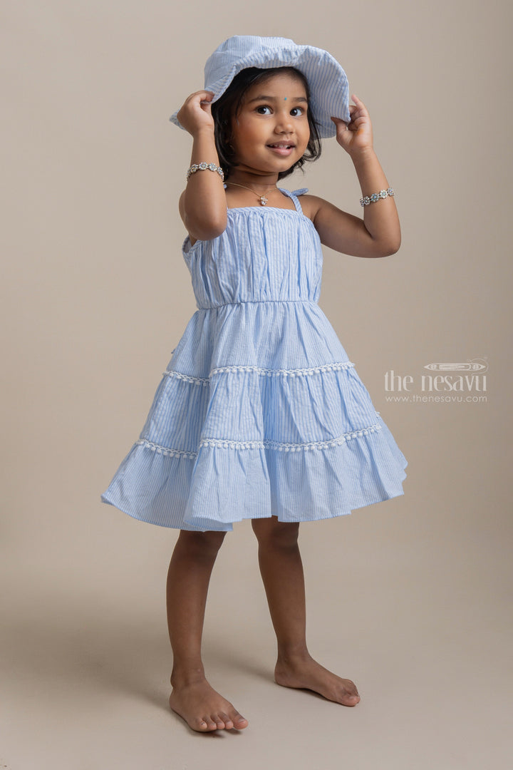 The Nesavu Baby Frock / Jhabla Adorable Blue Striped Sleeveless Girls Cotton Frock With Pretty Matching Cap psr silks Nesavu 14 (6M) / Blue BFJ369B