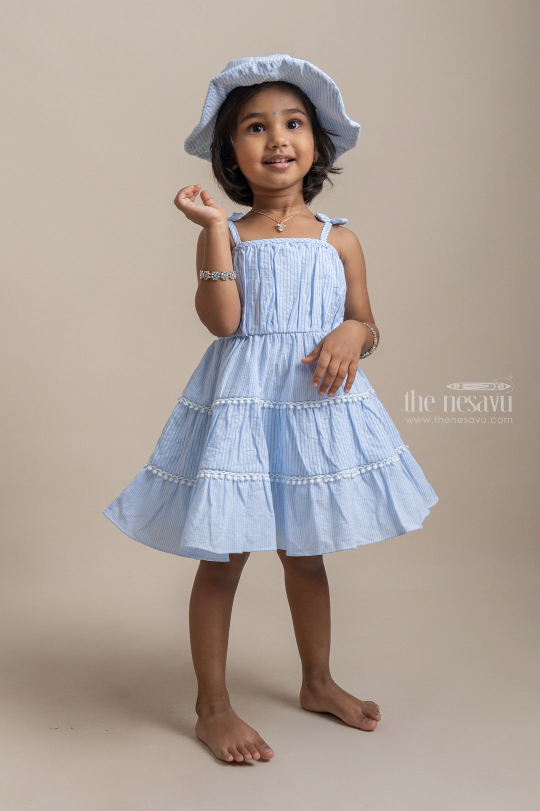The Nesavu Baby Frock / Jhabla Adorable Blue Striped Sleeveless Girls Cotton Frock With Pretty Matching Cap psr silks Nesavu