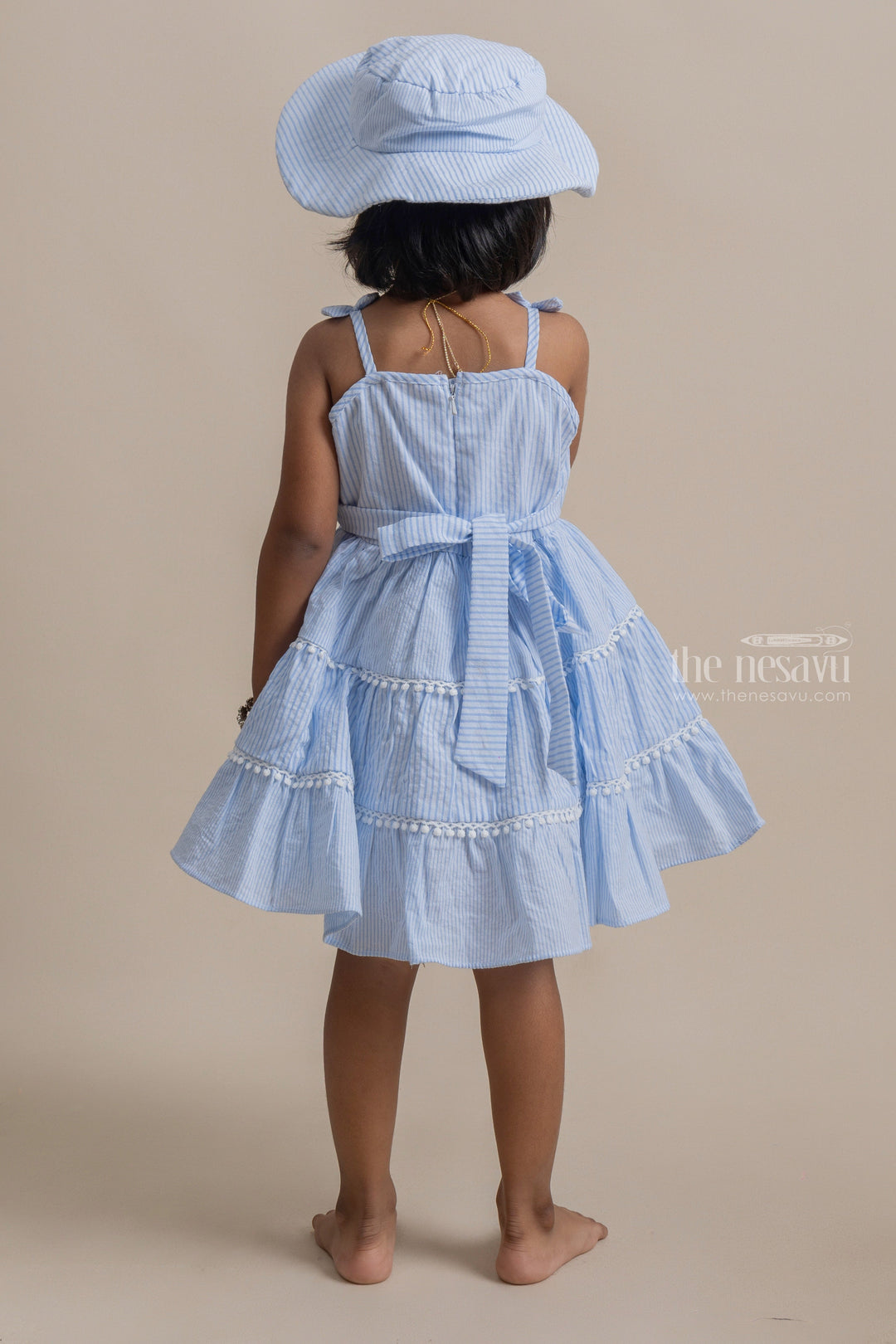 The Nesavu Baby Frock / Jhabla Adorable Blue Striped Sleeveless Girls Cotton Frock With Pretty Matching Cap psr silks Nesavu