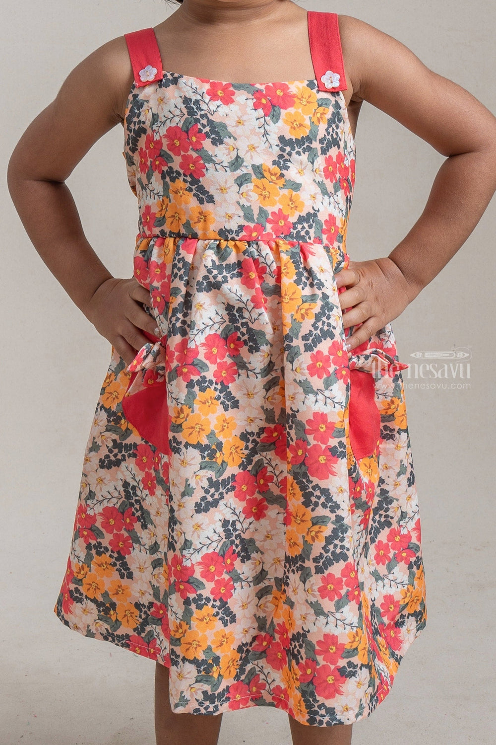 The Nesavu Frocks & Dresses Adorable Floral All Over Printed Cotton Frock With Cute Pockets For Girls psr silks Nesavu