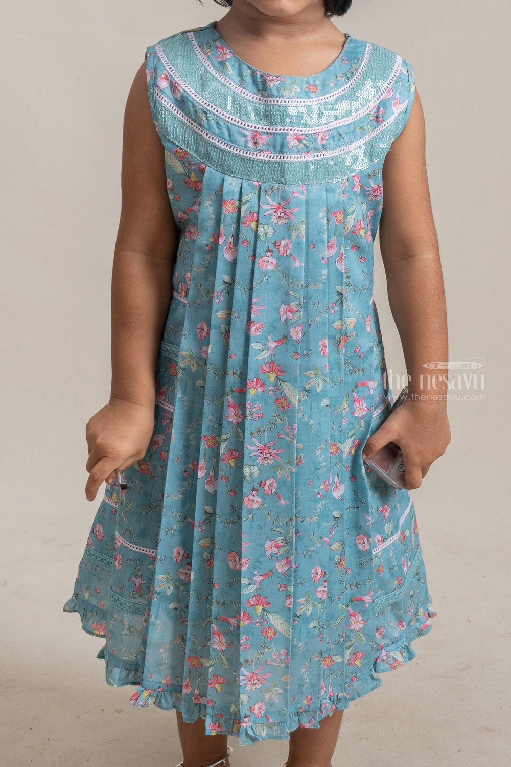 The Nesavu Frocks & Dresses Adorable Green Floral Printed Sleeveless Cotton frock For Girls psr silks Nesavu