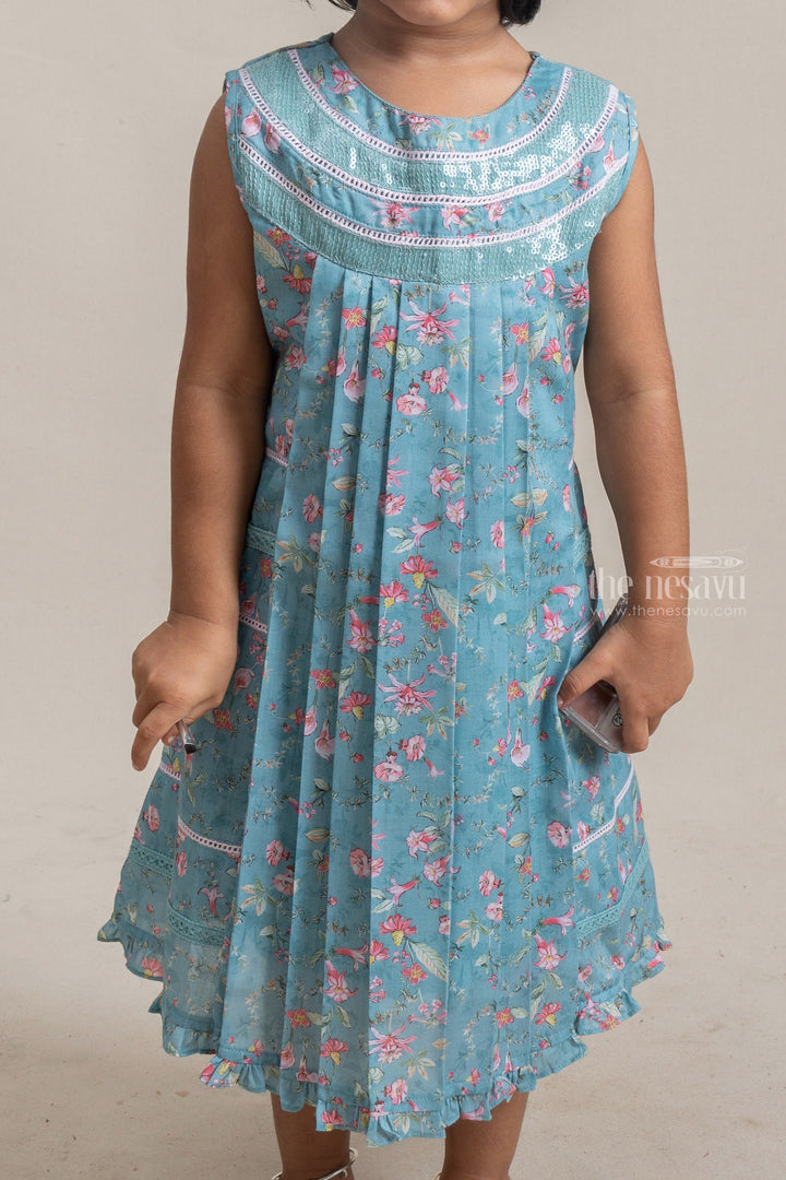 The Nesavu Frocks & Dresses Adorable Green Floral Printed Sleeveless Cotton frock For Girls psr silks Nesavu