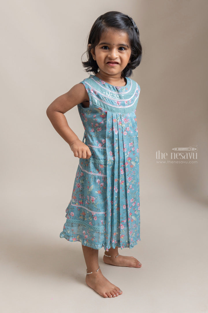 The Nesavu Frocks & Dresses Adorable Green Floral Printed Sleeveless Cotton frock For Girls psr silks Nesavu