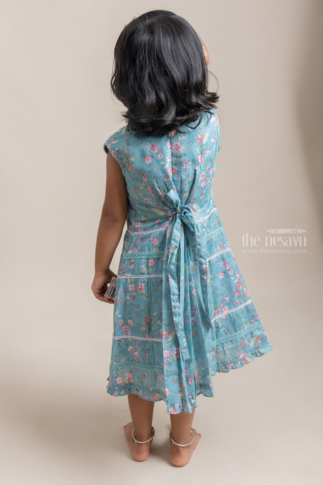 The Nesavu Frocks & Dresses Adorable Green Floral Printed Sleeveless Cotton frock For Girls psr silks Nesavu