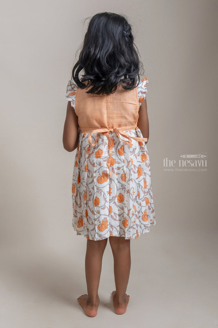 The Nesavu Frocks & Dresses Adorable Muted Orange And White Floral Printed Pleated Cotton Frock For Girls psr silks Nesavu