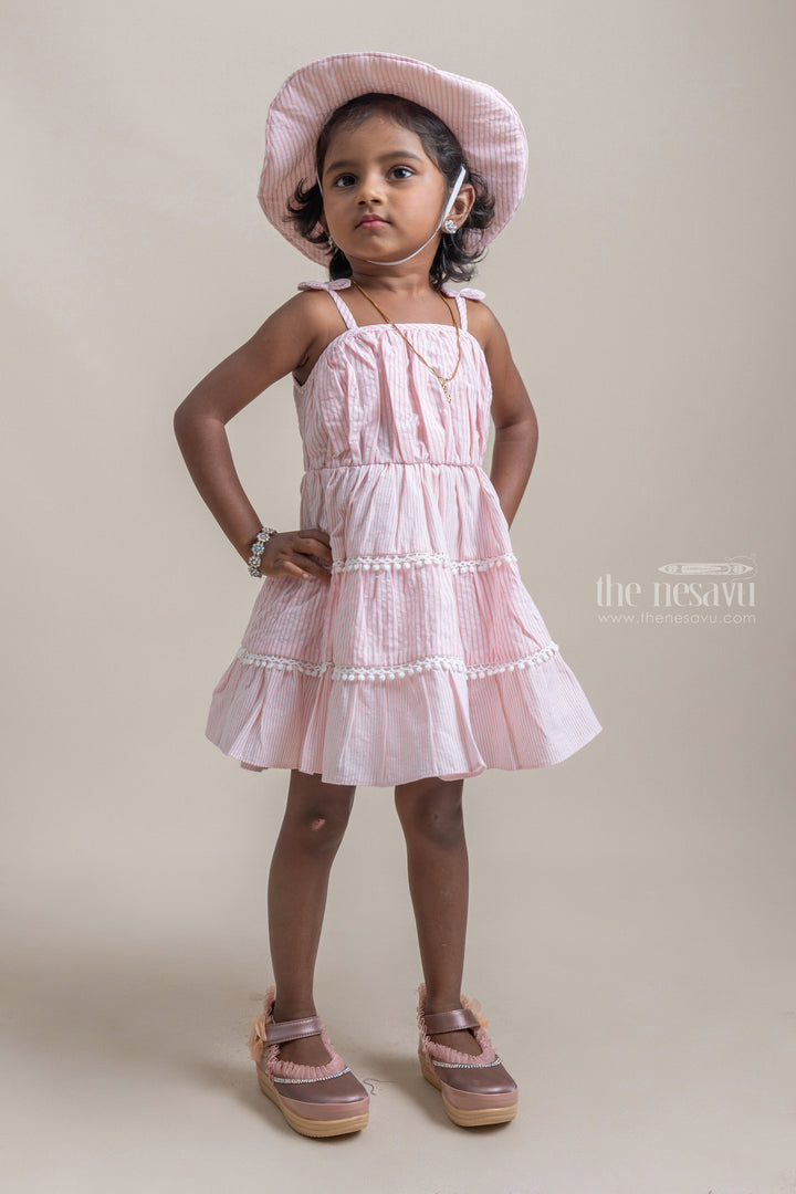 The Nesavu Baby Frock / Jhabla Adorable Pink Striped Sleeveless Girls Cotton Frock With Pretty Matching Cap psr silks Nesavu 14 (6M) / Pink BFJ369A