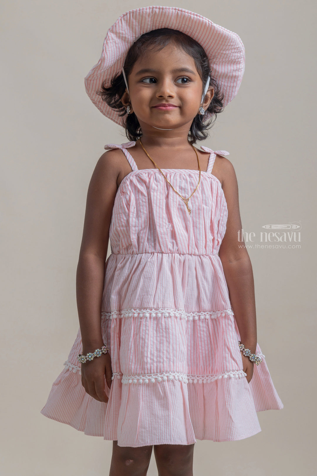 The Nesavu Baby Frock / Jhabla Adorable Pink Striped Sleeveless Girls Cotton Frock With Pretty Matching Cap psr silks Nesavu