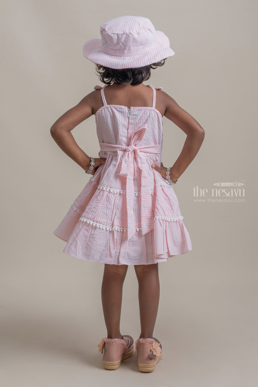 The Nesavu Baby Frock / Jhabla Adorable Pink Striped Sleeveless Girls Cotton Frock With Pretty Matching Cap psr silks Nesavu