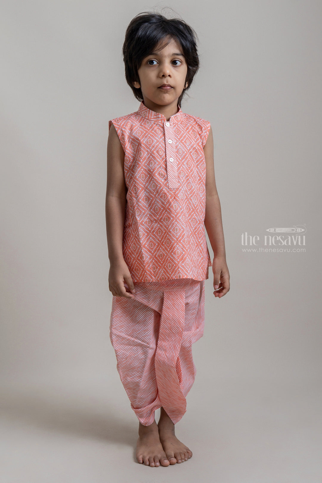 The Nesavu Ethnic Sets Amazing Salmon Tribal Printed Sleeveless Kurta With Striped Panchakacham For Boys psr silks Nesavu 12 (3M) / Orange BES322B