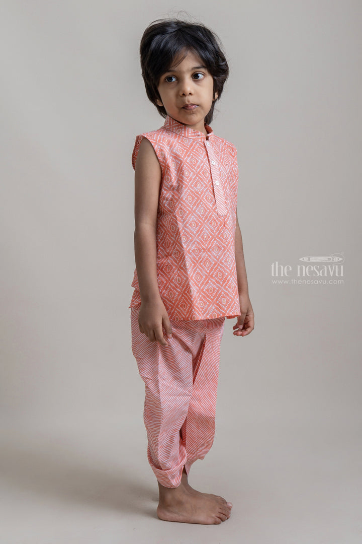 The Nesavu Ethnic Sets Amazing Salmon Tribal Printed Sleeveless Kurta With Striped Panchakacham For Boys psr silks Nesavu