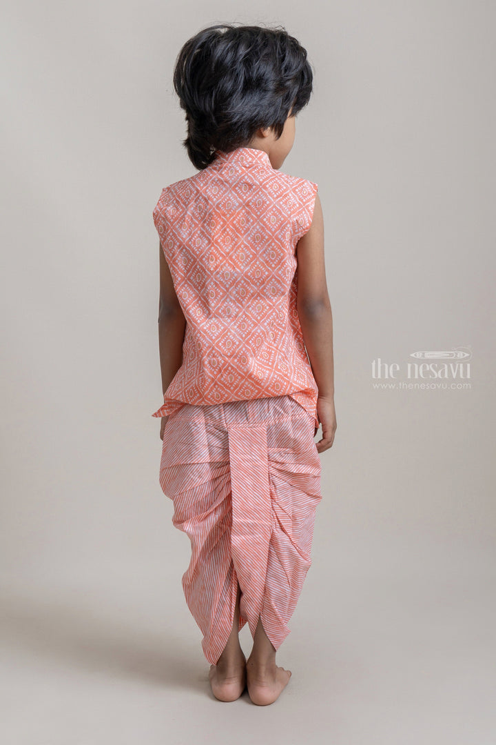 The Nesavu Ethnic Sets Amazing Salmon Tribal Printed Sleeveless Kurta With Striped Panchakacham For Boys psr silks Nesavu