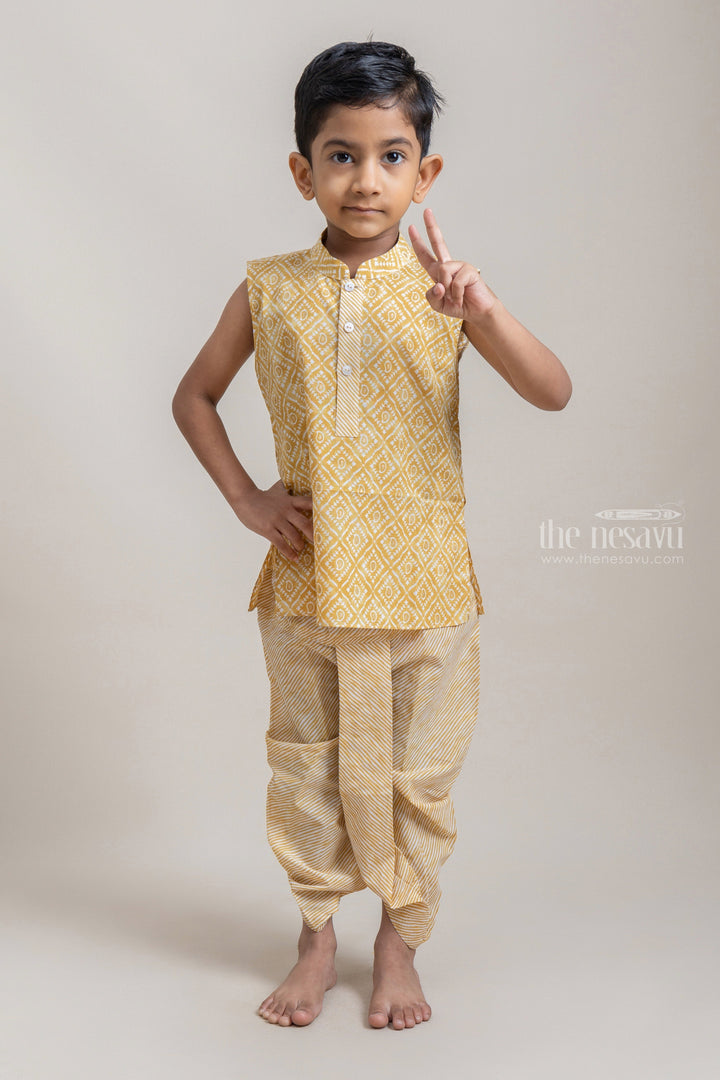 The Nesavu Ethnic Sets Amazing Yellow Tribal Printed Sleeveless Kurta With Striped Panchakacham For Boys psr silks Nesavu 12 (3M) / Yellow BES322A