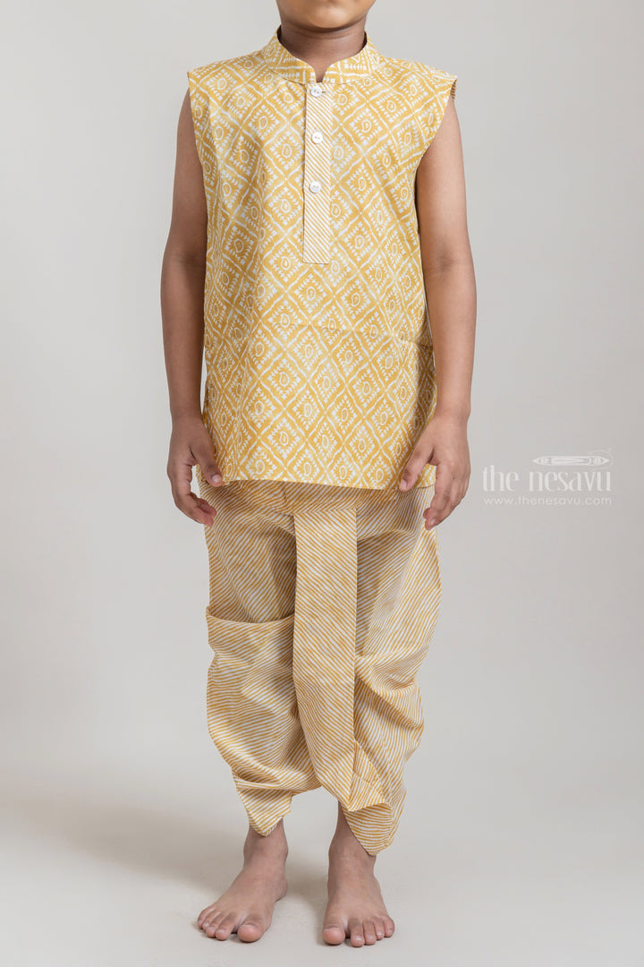 The Nesavu Ethnic Sets Amazing Yellow Tribal Printed Sleeveless Kurta With Striped Panchakacham For Boys psr silks Nesavu