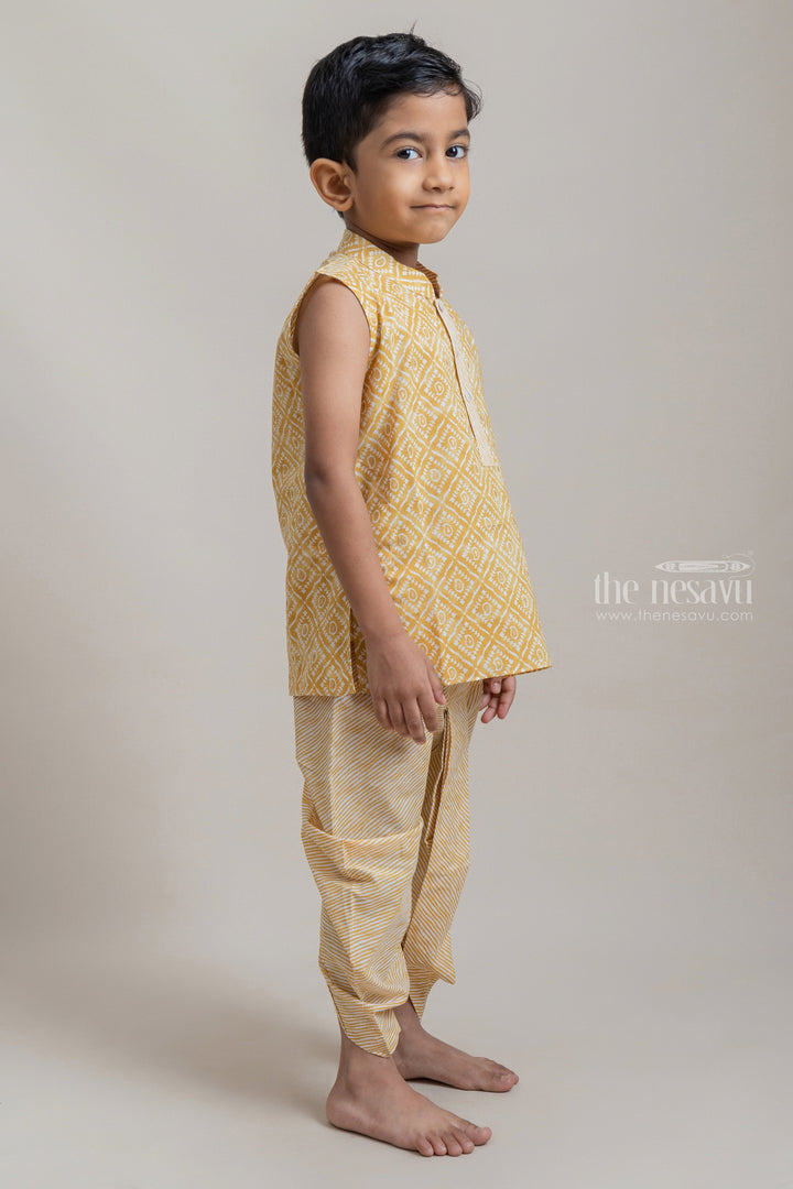 The Nesavu Ethnic Sets Amazing Yellow Tribal Printed Sleeveless Kurta With Striped Panchakacham For Boys psr silks Nesavu