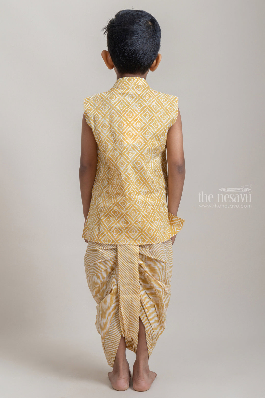 The Nesavu Ethnic Sets Amazing Yellow Tribal Printed Sleeveless Kurta With Striped Panchakacham For Boys psr silks Nesavu