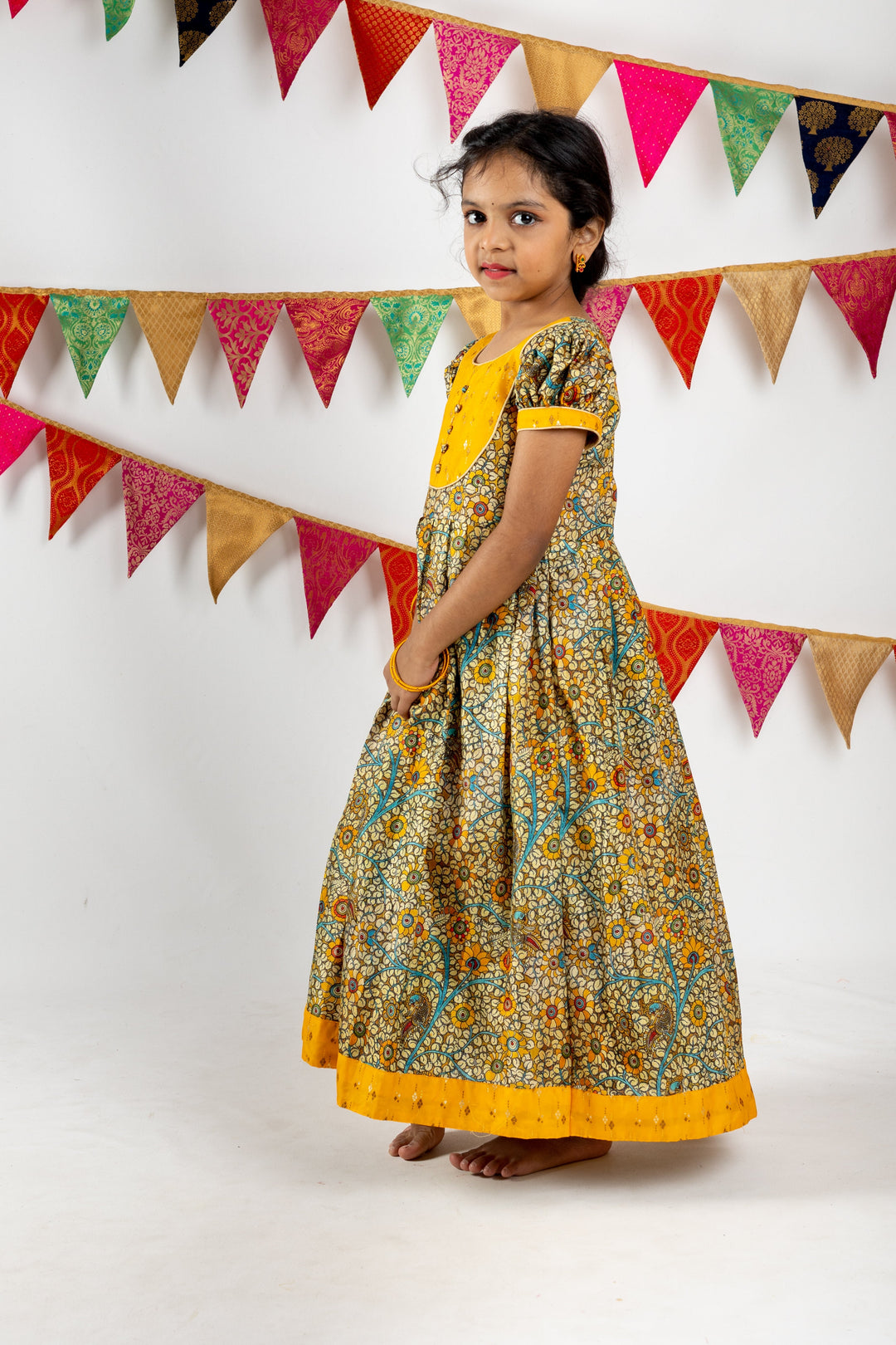 The Nesavu Kids Anarkali Anarkali Kurta For Girls With Designer Neck And Puff Sleeve psr silks Nesavu