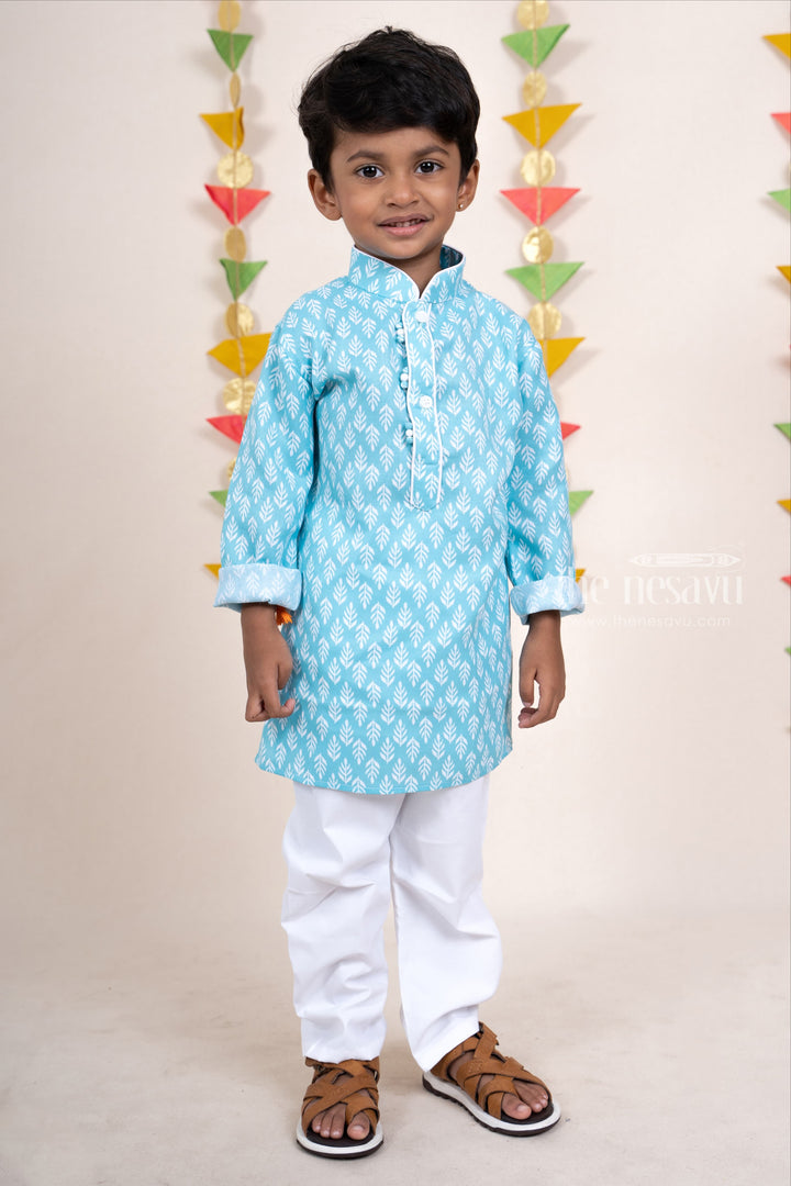 The Nesavu Ethnic Sets Aque Blue Silk Cotton Printed Kurta With Designer Potli For Boys psr silks Nesavu 16 (1Y) / DeepSkyBlue BES200A