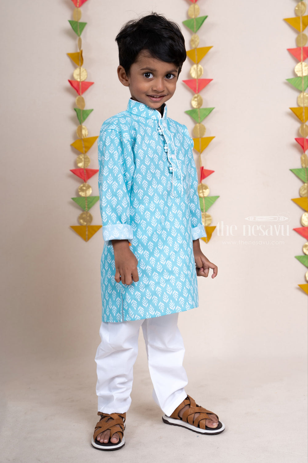 The Nesavu Ethnic Sets Aque Blue Silk Cotton Printed Kurta With Designer Potli For Boys psr silks Nesavu
