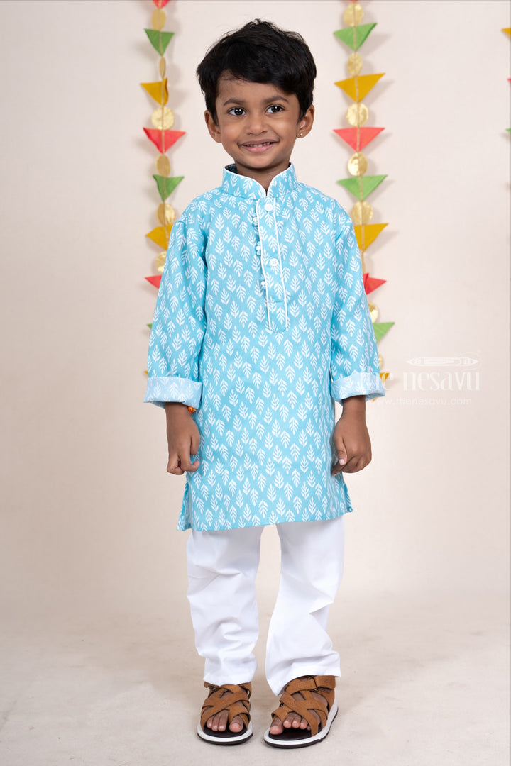 The Nesavu Ethnic Sets Aque Blue Silk Cotton Printed Kurta With Designer Potli For Boys psr silks Nesavu
