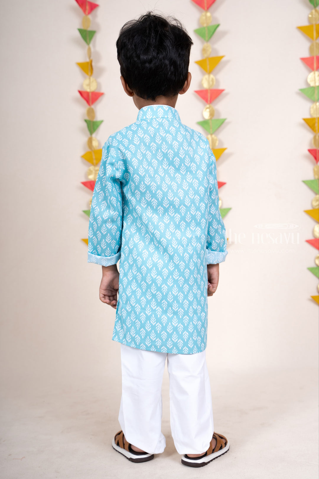 The Nesavu Ethnic Sets Aque Blue Silk Cotton Printed Kurta With Designer Potli For Boys psr silks Nesavu