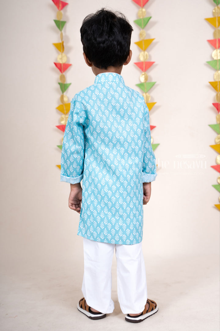 The Nesavu Ethnic Sets Aque Blue Silk Cotton Printed Kurta With Designer Potli For Boys psr silks Nesavu