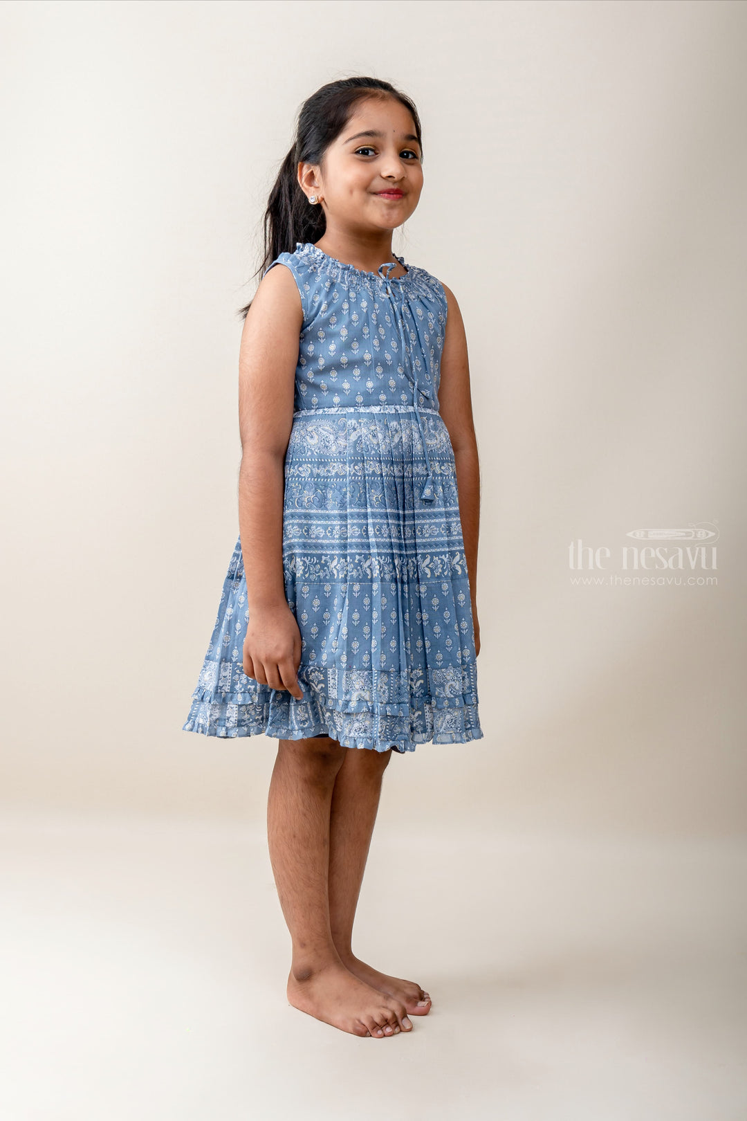 The Nesavu Frocks & Dresses Ash Grey Box Pleated Printed Cotton Frock For Baby Girls psr silks Nesavu