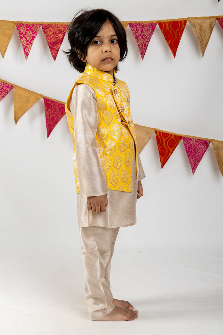 The Nesavu Ethnic Sets Ash Grey Designer Kurta Suit With Brocade Overcoat For Baby Boys psr silks Nesavu