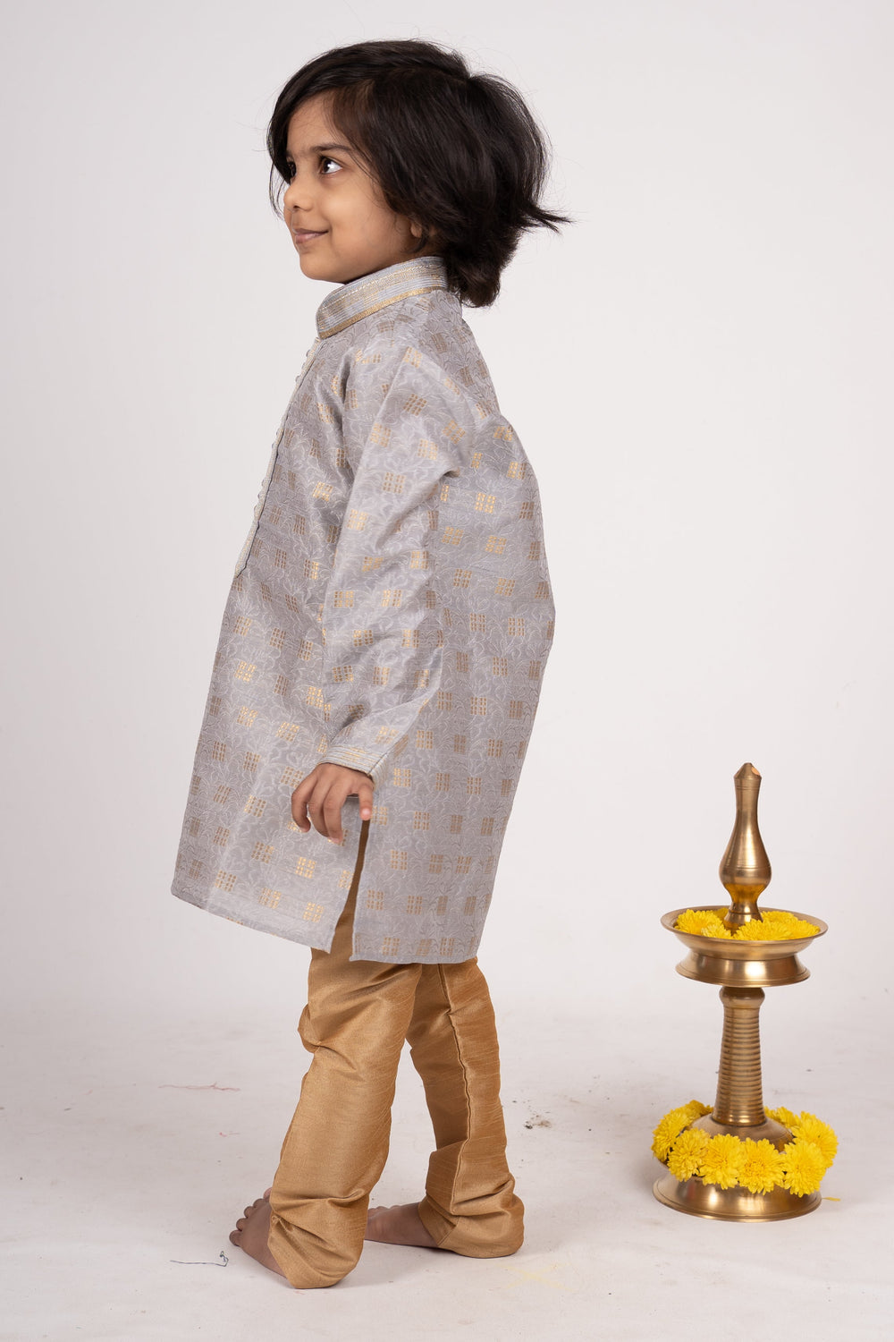 The Nesavu Ethnic Sets Ash Grey Designer Self Textured Party Wear Kurta For Baby Boys psr silks Nesavu