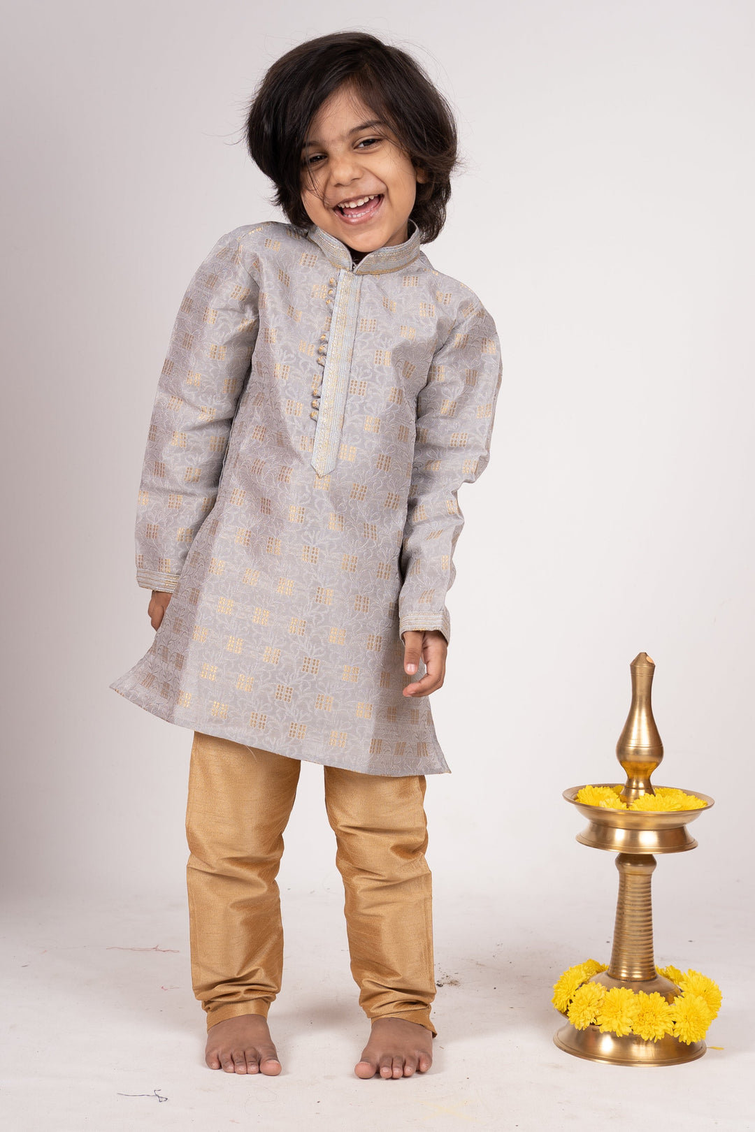 The Nesavu Ethnic Sets Ash Grey Designer Self Textured Party Wear Kurta For Baby Boys psr silks Nesavu