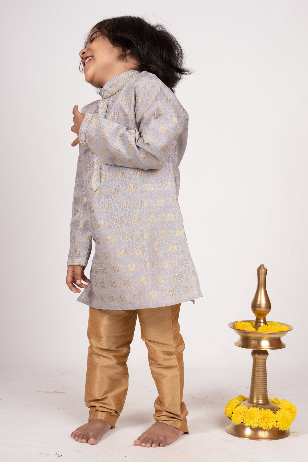 The Nesavu Ethnic Sets Ash Grey Designer Self Textured Party Wear Kurta For Baby Boys psr silks Nesavu