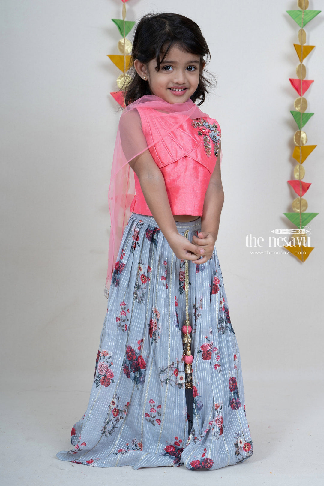 The Nesavu Lehenga & Ghagra Ash Grey Floral Pleated Skirt With Pink Embroidery Pin-Tucked Crop Top psr silks Nesavu 16 (1Y) / Gray GL277