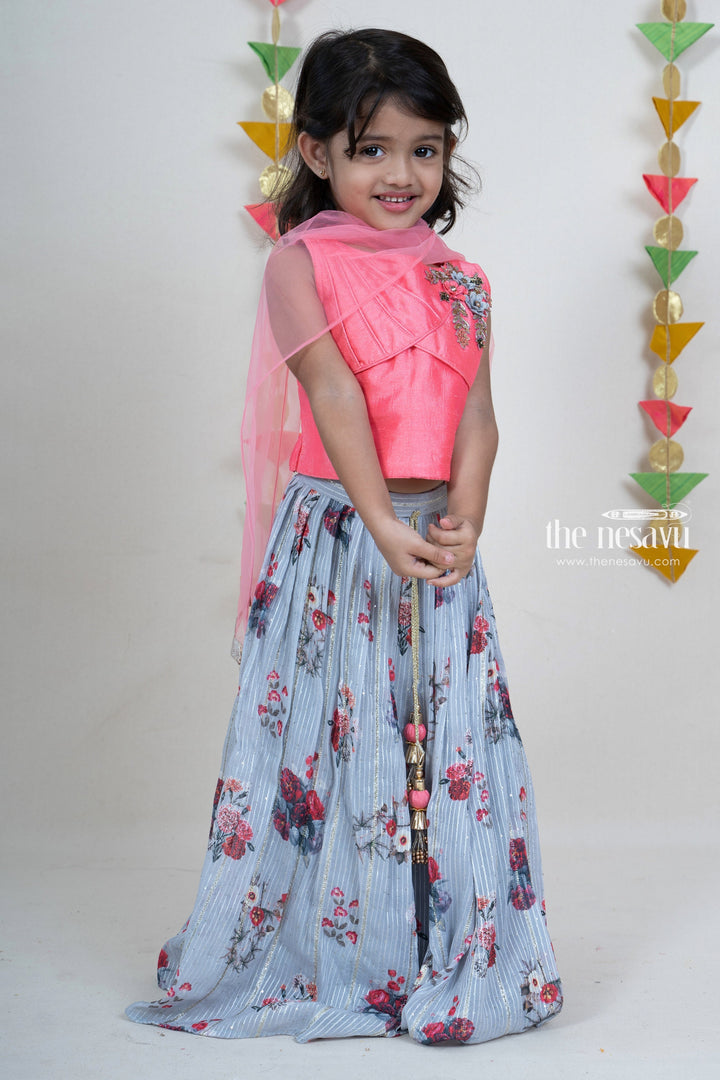 The Nesavu Lehenga & Ghagra Ash Grey Floral Pleated Skirt With Pink Embroidery Pin-Tucked Crop Top psr silks Nesavu 16 (1Y) / Gray GL277