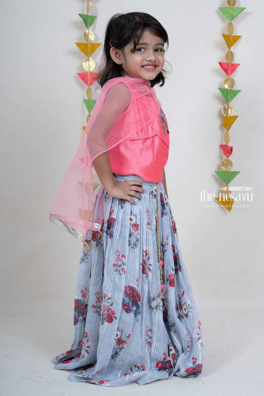 The Nesavu Lehenga & Ghagra Ash Grey Floral Pleated Skirt With Pink Embroidery Pin-Tucked Crop Top psr silks Nesavu