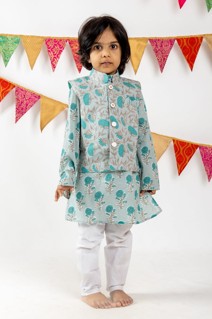 The Nesavu Ethnic Sets Ash Grey With Green Floral Printed Cotton Kurta For Baby Boys psr silks Nesavu 16 (1Y) / seagreen BES146