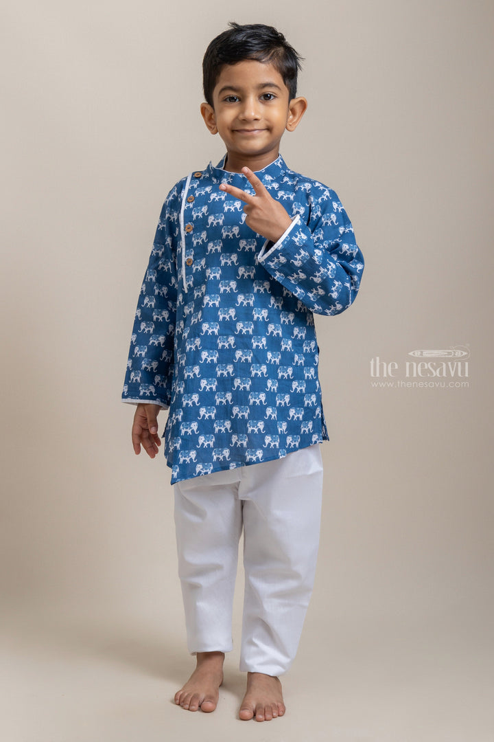 The Nesavu Ethnic Sets Attractive Animal Printed Blue Kurta With White Pant For Boys psr silks Nesavu 12 (3M) / Blue BES321A